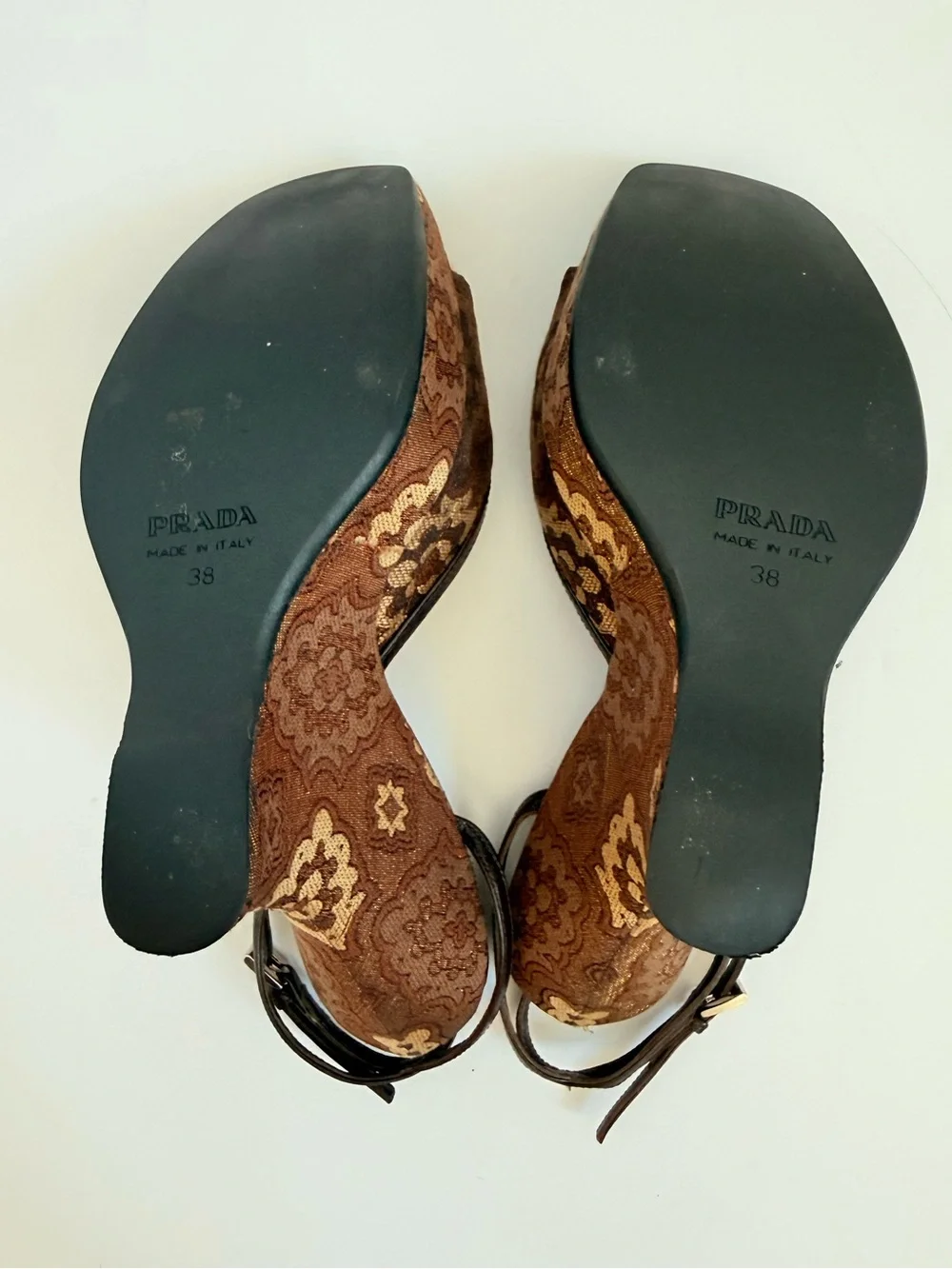 Prada Y2K Brocade Tapestry Wedge Sandals Brown Gold Jacquard Platform Heels 38